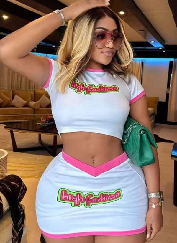 Street Letter Print Hot Girl Navel Top Sexy Hip Skirt Two-Piece Set