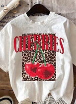 Round Neck Short Sleeve Leopard Print Cherry Letter Print Summer New T-Shirt