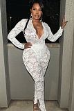 Sexy Lace Hollow Deep V See-Through Long-Sleeved Top And Long Pants Two-Piece Set