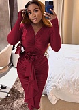 New Long Sleeve V-Neck Rose Sexy Hip Dress For Women