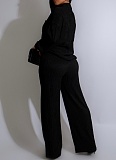 Solid Color Long-Sleeved Pleated Casual Shirt Elastic Waist Straight Pants Two-Piece Set