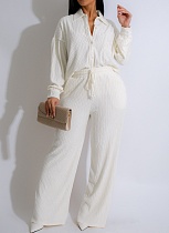 Solid Color Long-Sleeved Pleated Casual Shirt Elastic Waist Straight Pants Two-Piece Set