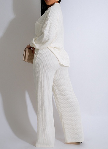 Solid Color Long-Sleeved Pleated Casual Shirt Elastic Waist Straight Pants Two-Piece Set