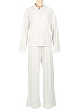 Solid Color Long-Sleeved Pleated Casual Shirt Elastic Waist Straight Pants Two-Piece Set