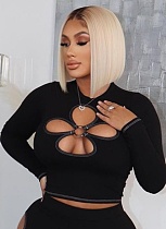 Round Neck Navel-Baring All-Match Tight-Fitting Four-Leaf Hollow Solid Color Long-Sleeved Top