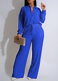 Solid Color Long-Sleeved Pleated Casual Shirt Elastic Waist Straight Pants Two-Piece Set