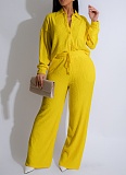 Solid Color Long-Sleeved Pleated Casual Shirt Elastic Waist Straight Pants Two-Piece Set