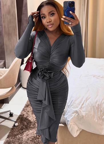 New Long Sleeve V-Neck Rose Sexy Hip Dress For Women