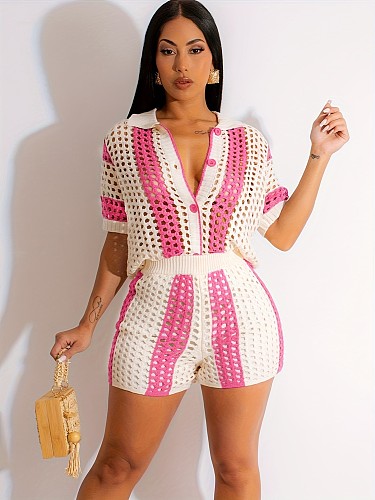 Sexy Lady's Cut-out See-through lapel knitted shorts set SH-391206
