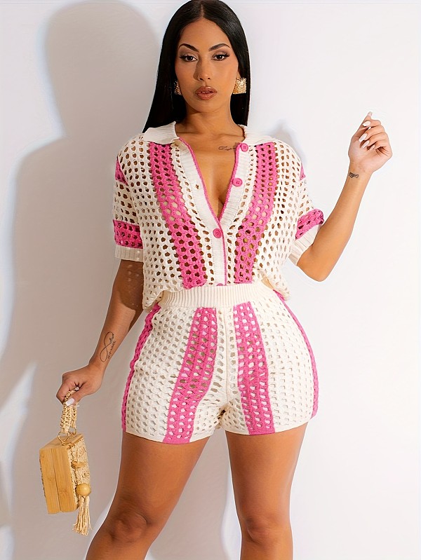 Sexy Lady's Cut-out See-through lapel knitted shorts set SH-391206