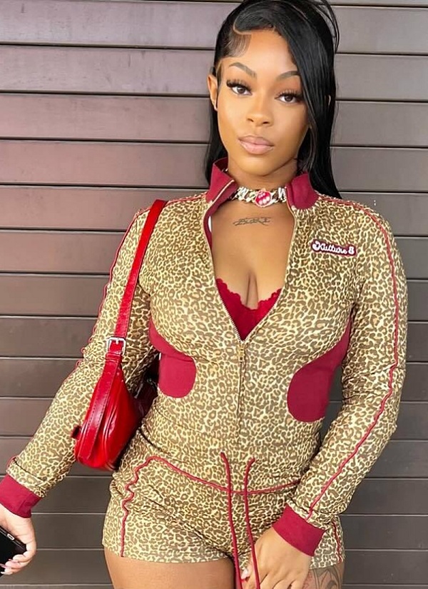 New Women Leopard Print Long Sleeve Top Shorts Elastic Two-Piece Set MEM-88651