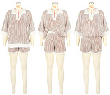 Comfortable Loose Color Matching Striped Knitted Short-Sleeved Sweater Shorts Two-Piece Suit For Women ASL-6800