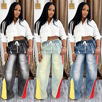 Casual Drawstring High Waist Contrast Color Stitching Gradient Straight Denim Trousers Wholesale SH-391370