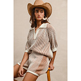Comfortable Loose Color Matching Striped Knitted Short-Sleeved Sweater Shorts Two-Piece Suit For Women ASL-6800