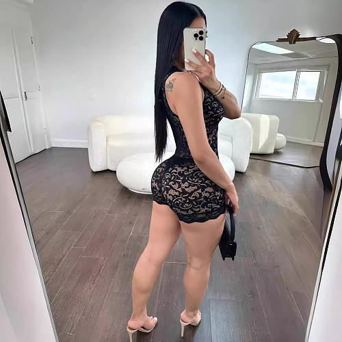 Sexy black lace women sleeveless V-neck hollow-out rompers PY-9328