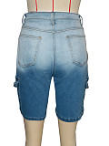 Women's trendy gradient ripped denim mid-length pants SH-391371