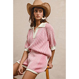 Comfortable Loose Color Matching Striped Knitted Short-Sleeved Sweater Shorts Two-Piece Suit For Women ASL-6800