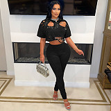 Fashionable round-neck perforated pin short T-shirt two-piece set YNS-2683