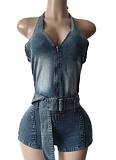 Sky Blue Halter Neck Lace-Up Stretch Denim Jumpsuit Shorts MEM-88646