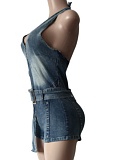 Sky Blue Halter Neck Lace-Up Stretch Denim Jumpsuit Shorts MEM-88646