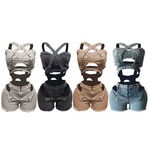 New Denim Tube Top Vest Stretch Shorts Two Piece Suit For Women MEM-88637