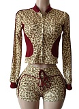 New Women Leopard Print Long Sleeve Top Shorts Elastic Two-Piece Set MEM-88651