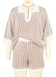 Comfortable Loose Color Matching Striped Knitted Short-Sleeved Sweater Shorts Two-Piece Suit For Women ASL-6800