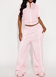 Women's Sports Zipper Top Button Loose Pocket Wide Leg Pants Two-Piece Set ASL-6795