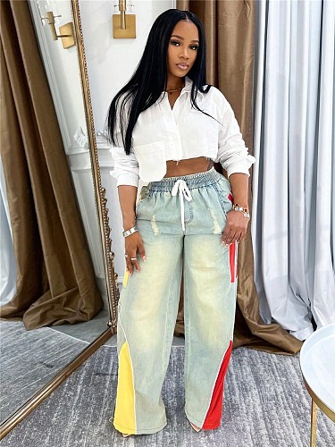 Casual Drawstring High Waist Contrast Color Stitching Gradient Straight Denim Trousers Wholesale SH-391370