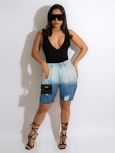 Women's trendy gradient ripped denim mid-length pants SH-391371