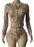 New Women Leopard Print Long Sleeve Top Shorts Elastic Two-Piece Set MEM-88651