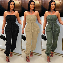 Women'S Casual Solid Color Tube Top Multi-Pocket Workwear Jumpsuit NY-3629 Women'S Casual Solid Color Tube Top Multi-Pocket Workwear Jumpsuit NY-3629