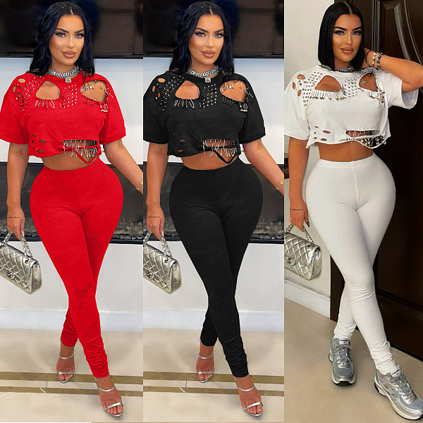 Fashionable round-neck perforated pin short T-shirt two-piece set YNS-2683