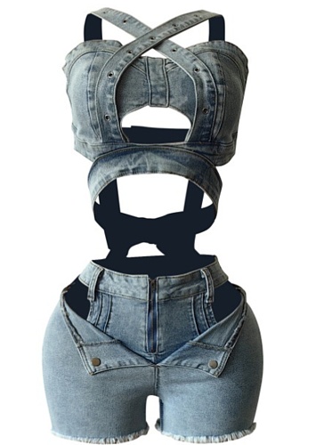 New Denim Tube Top Vest Stretch Shorts Two Piece Suit For Women MEM-88637
