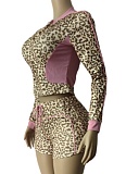 New Women Leopard Print Long Sleeve Top Shorts Elastic Two-Piece Set MEM-88651