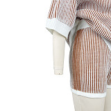 Comfortable Loose Color Matching Striped Knitted Short-Sleeved Sweater Shorts Two-Piece Suit For Women ASL-6800