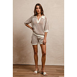 Comfortable Loose Color Matching Striped Knitted Short-Sleeved Sweater Shorts Two-Piece Suit For Women ASL-6800