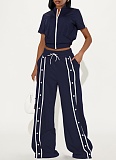 Women's Sports Zipper Top Button Loose Pocket Wide Leg Pants Two-Piece Set ASL-6795