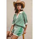 Comfortable Loose Color Matching Striped Knitted Short-Sleeved Sweater Shorts Two-Piece Suit For Women ASL-6800