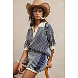 Comfortable Loose Color Matching Striped Knitted Short-Sleeved Sweater Shorts Two-Piece Suit For Women ASL-6800