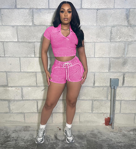 Women's turndown collar crop top and shorts thread 2 pieces sets CM-9523