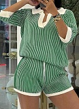 Comfortable Loose Color Matching Striped Knitted Short-Sleeved Sweater Shorts Two-Piece Suit For Women ASL-6800