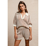 Comfortable Loose Color Matching Striped Knitted Short-Sleeved Sweater Shorts Two-Piece Suit For Women ASL-6800