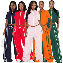Women's Sports Zipper Top Button Loose Pocket Wide Leg Pants Two-Piece Set ASL-6795
