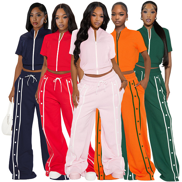 Women's Sports Zipper Top Button Loose Pocket Wide Leg Pants Two-Piece Set ASL-6795