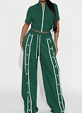 Women's Sports Zipper Top Button Loose Pocket Wide Leg Pants Two-Piece Set ASL-6795