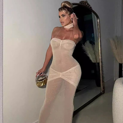 Sexy Strapless Lady Off Shoulder Sequins Slim Fishtail Long Dress PY-9286