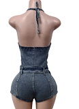 Sky Blue Halter Neck Lace-Up Stretch Denim Jumpsuit Shorts MEM-88646
