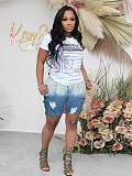 Women's trendy gradient ripped denim mid-length pants SH-391371