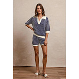 Comfortable Loose Color Matching Striped Knitted Short-Sleeved Sweater Shorts Two-Piece Suit For Women ASL-6800